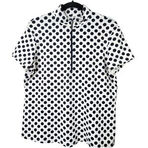 Jofit Polka Dot Performance Top L White Navy Blue Athletic Sport Short Sleeve